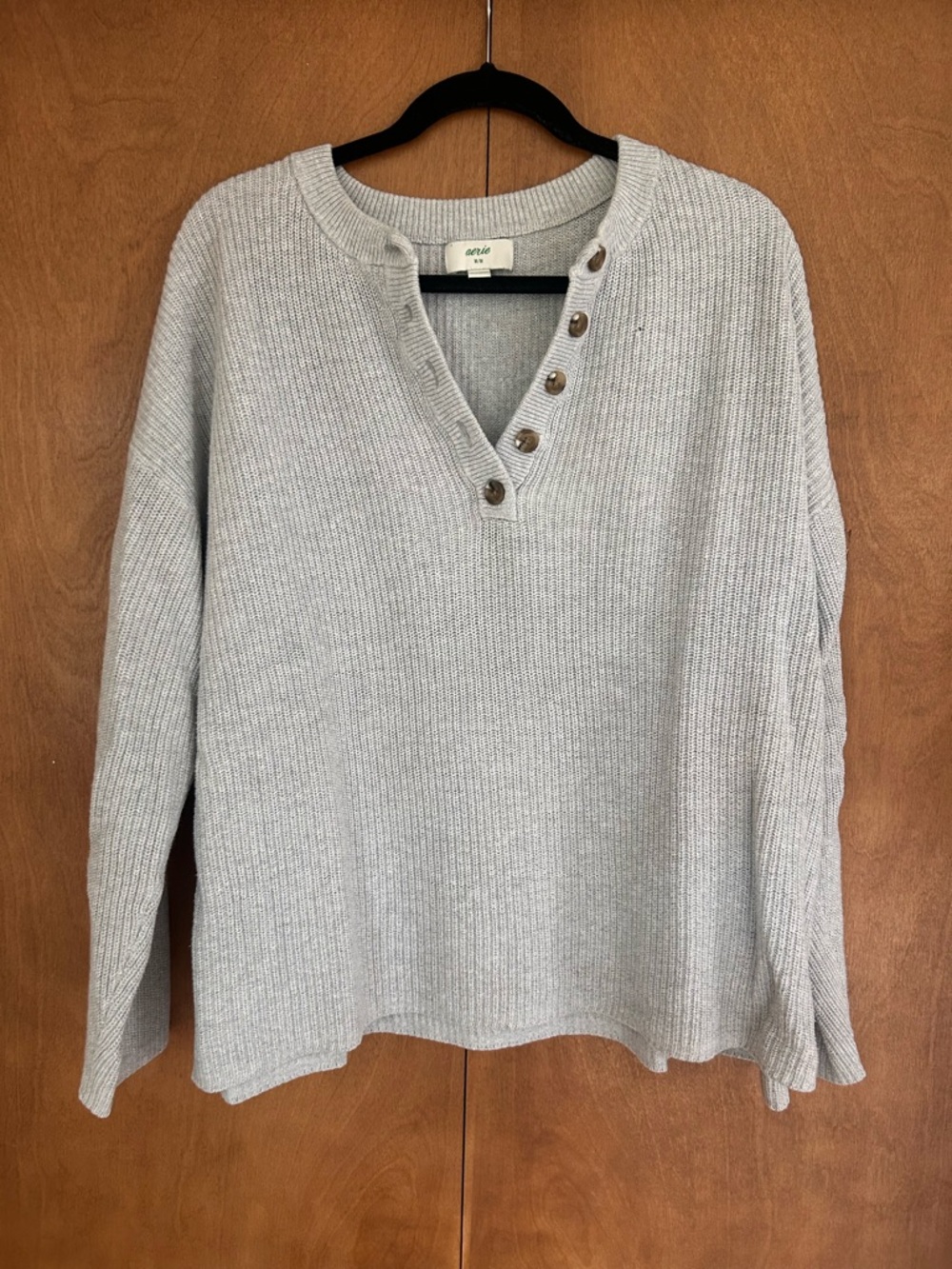 Aerie Light Gray Ribbed Henley V-Neck Sweater with Buttons